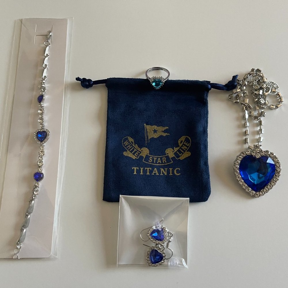 Titanic Jewelry Set - Heart of the Ocean Necklace, Bracelet, Earrings, Ring, and